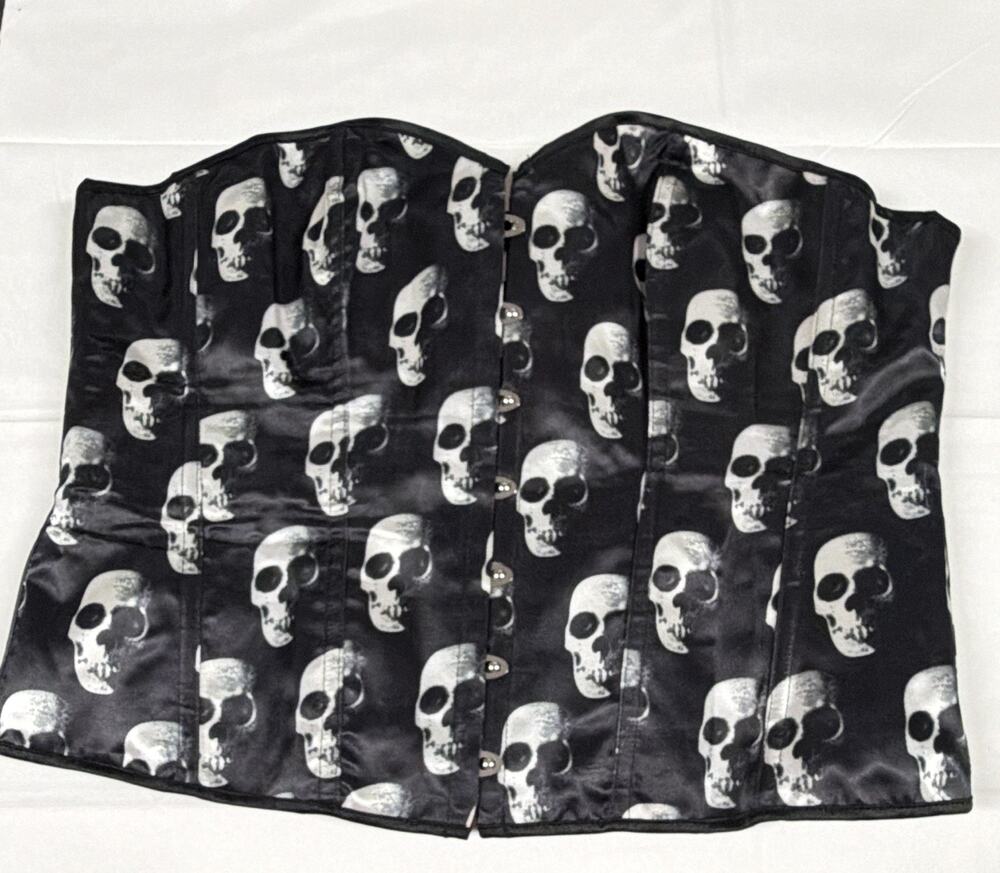 WhimsyGoth Bustier Skull Overbust Corset XL Lace-Up Satin Gothic Witchy